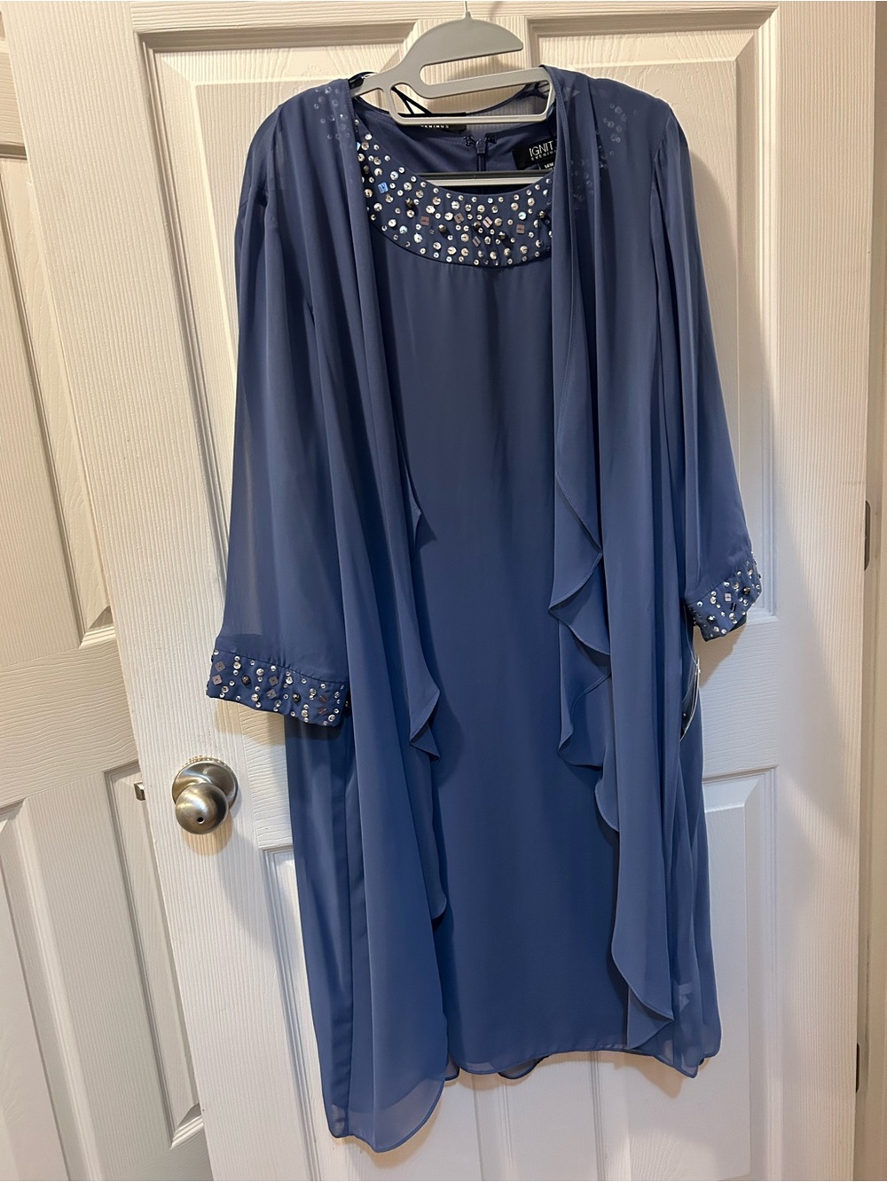 Ignite Evenings 14W Elegant Blue Embellished Women’s Dress w/Draped Jacket NWT